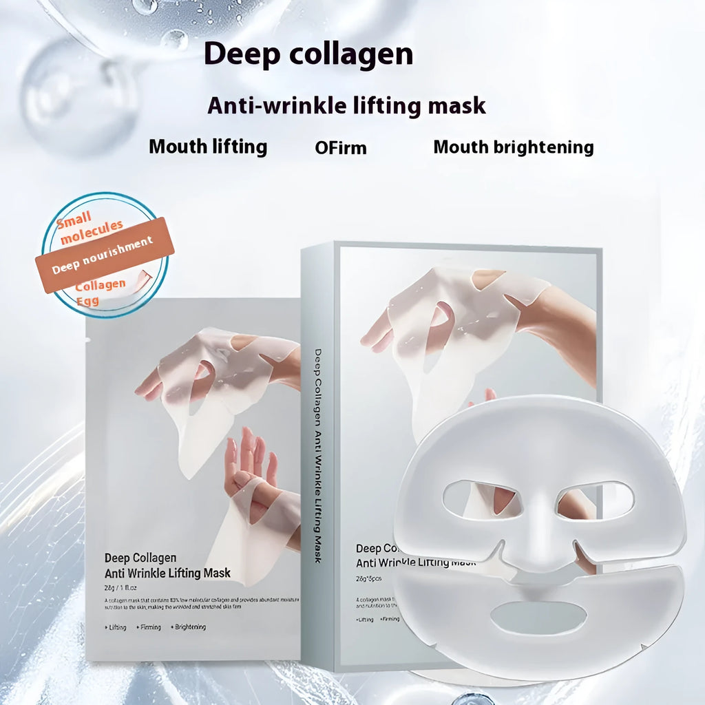Single 28ml collagen anti-wrinkle moisturising facial sheet mask on white background.