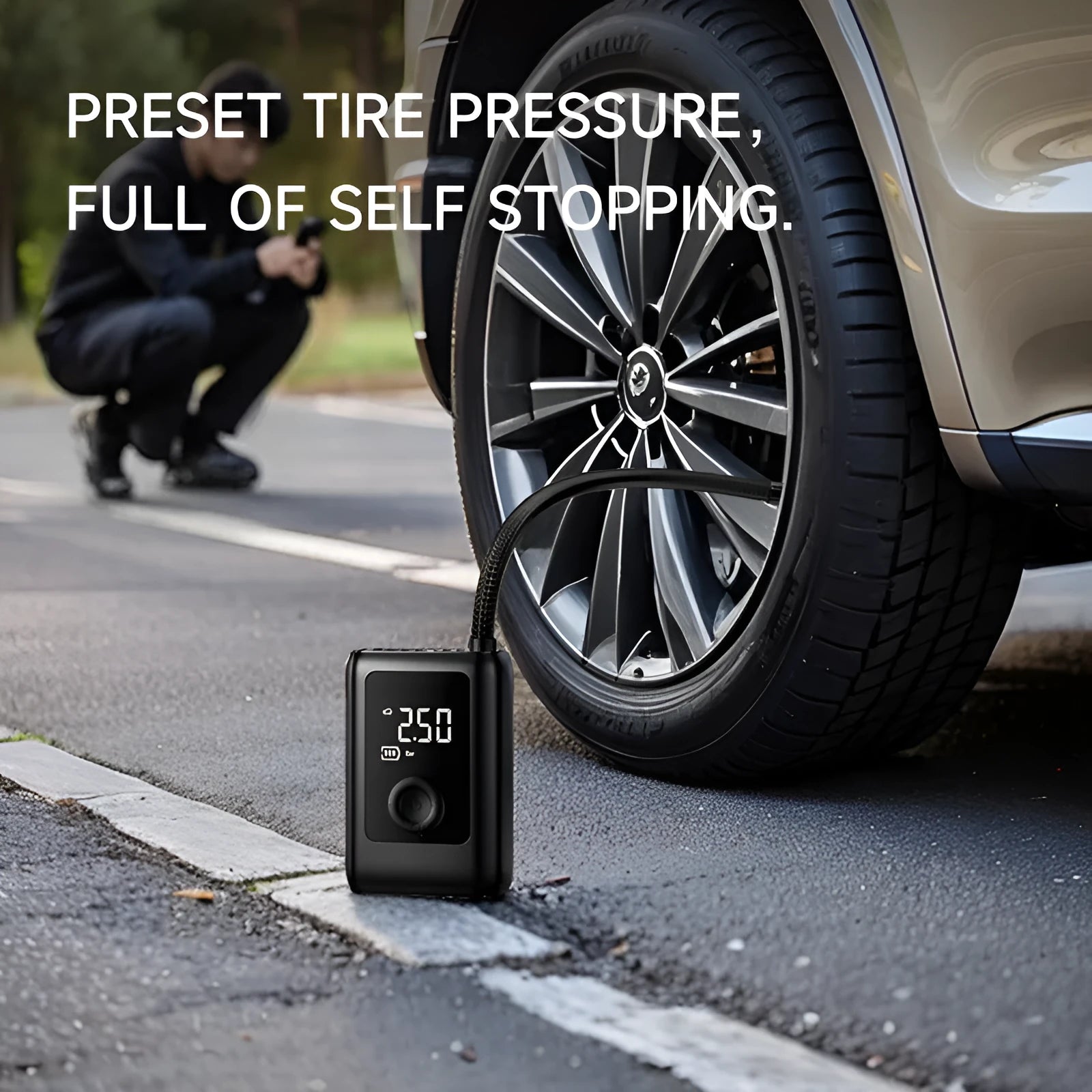 Car portable electric gas filling bag in ABS material with 12V cord, tyre pressure gauge, and LED light on a dark road surface