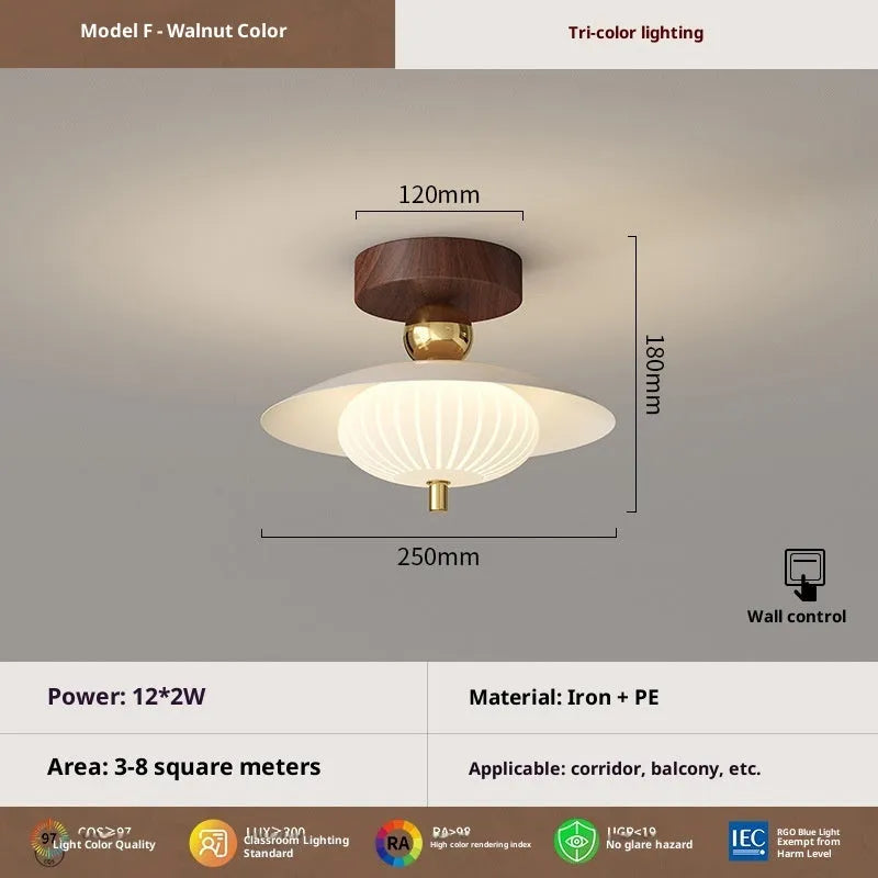 Antique glass ceiling lamp with remote control and tricolour light in wood colour finish for bedroom