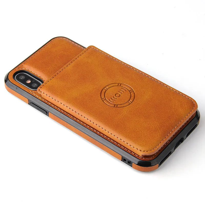 Imitation leather card wallet phone case for iPhone in six solid colours, showing business-style back cover design.