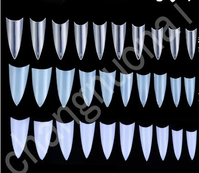 500 natural fake nail tips ABS half-tip pointed shape 10 sizes 7-13mm width