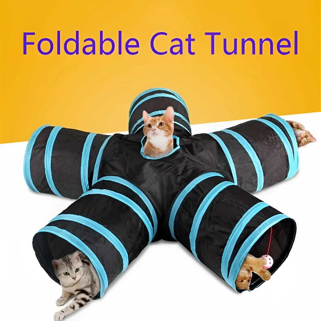 Foldable blue pet tunnel with steel wire frame and multiple openings for small animals