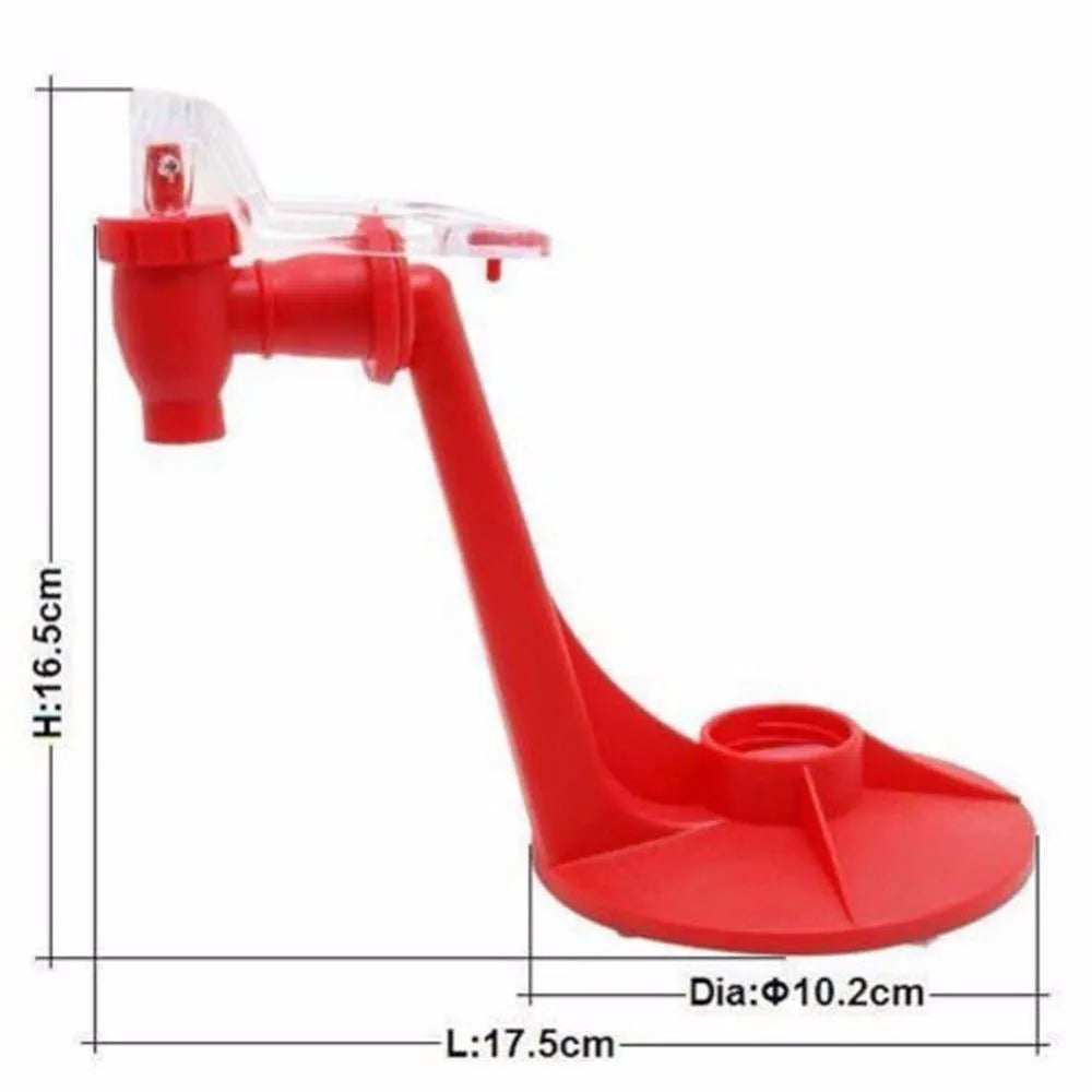 Red plastic Magic Tap soda dispenser screwed onto a 2-litre bottle with push-in tap