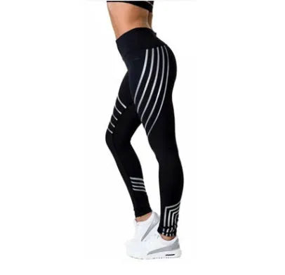 Women's black and white milk silk fitness leggings with night glowing print, slim-fit design.