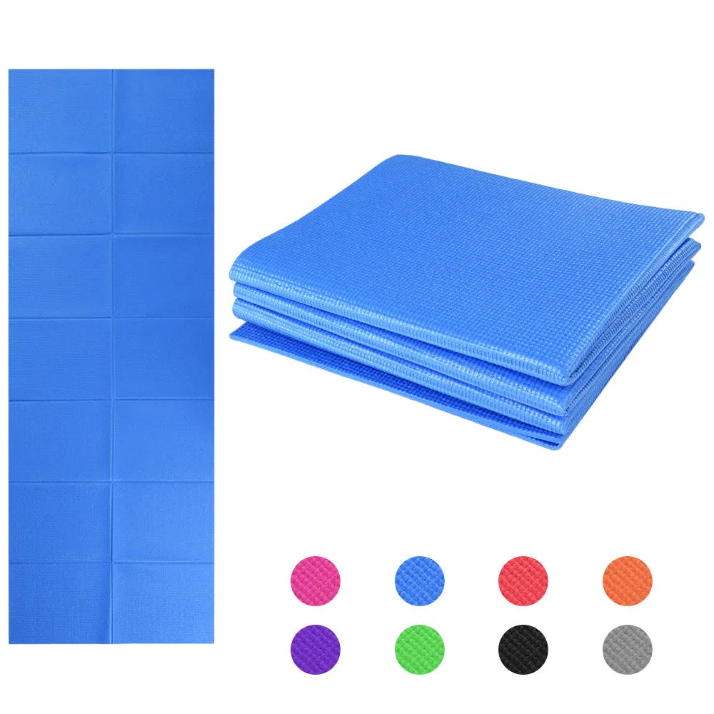 Non slip folding yoga mat in blue, 173x61x0.4cm PVC, with handles and zippered cover