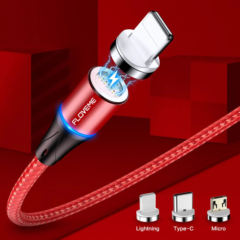 Black magnetic 3-in-1 fast charge data cable with side LED light for Apple and Android phones