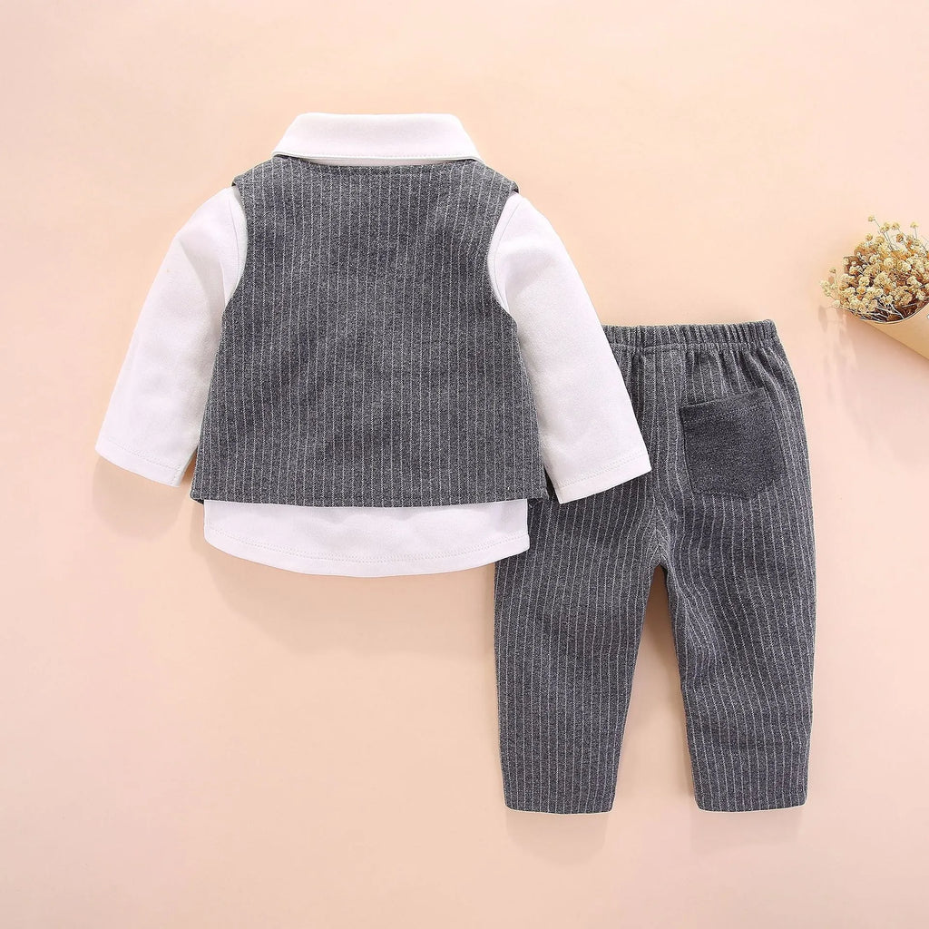 Baby new style gentleman split clothes set in grey including vest, trousers, and shirt, 95% cotton, sizes 3-12 months