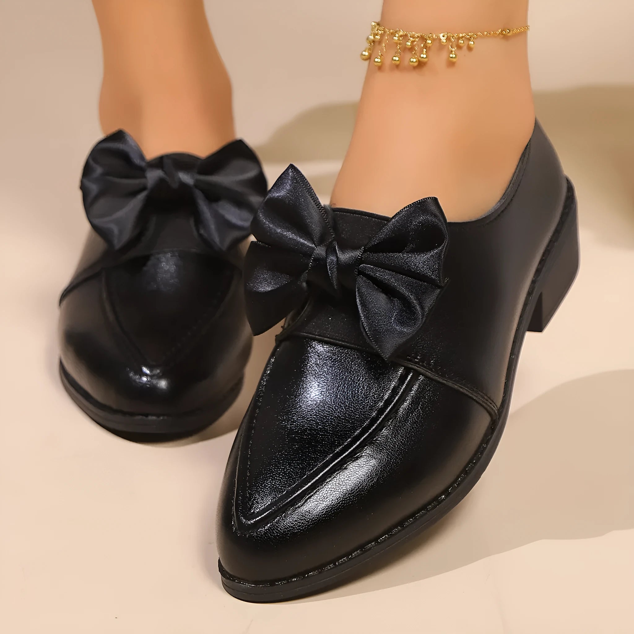Women's British-style PU leather shoes with bow detail and rubber sole in size 36-43