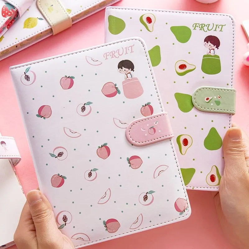 Fruit print notebook planner with magnetic buckle, imitation leather cover, and colourful kawaii illustration of fruit