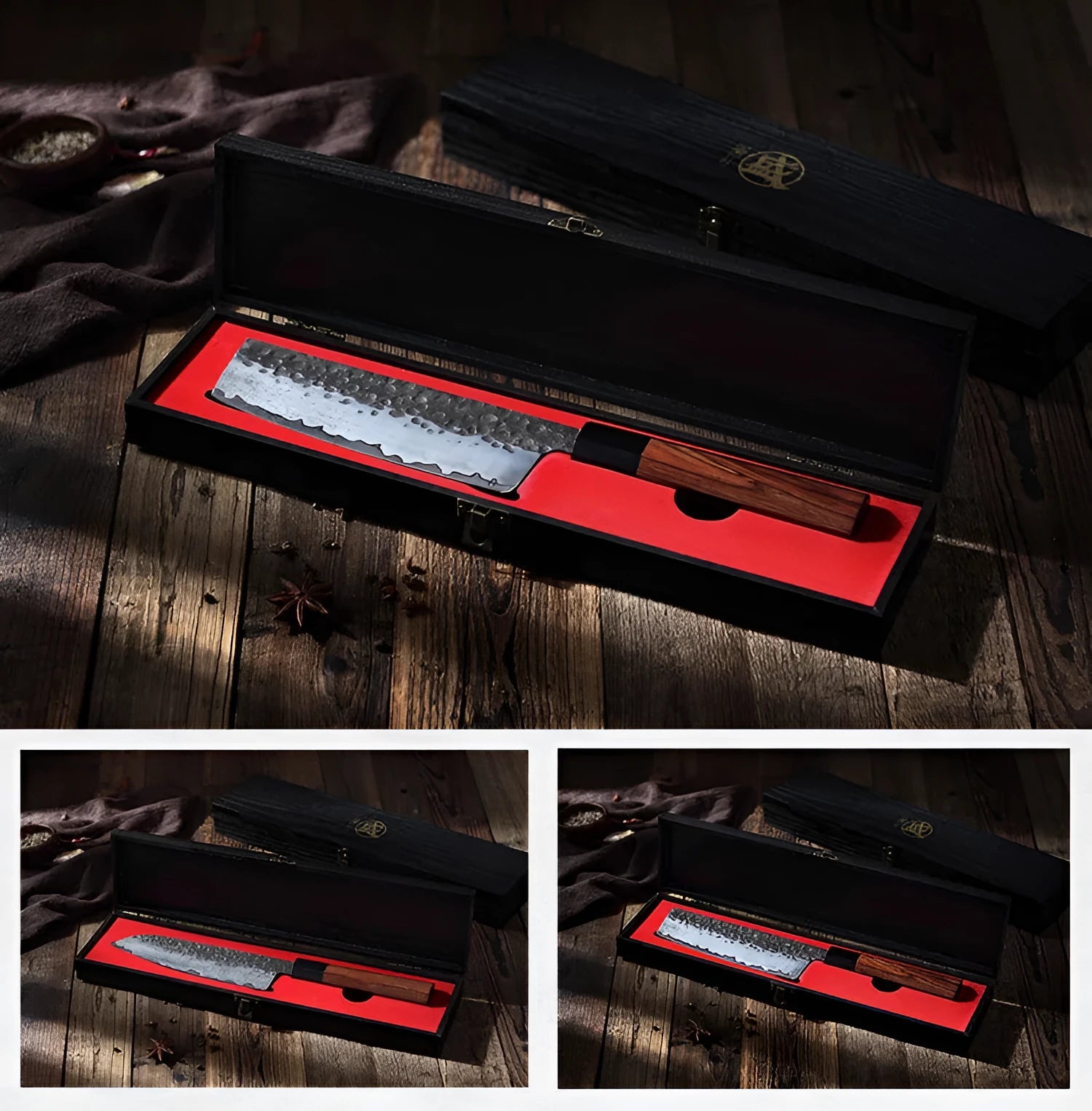 Silver hand forged Santoku chef knife with 4034ZW stainless steel blade, 149cm length, on cutting board