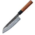 Silver hand forged Santoku chef knife with 4034ZW stainless steel blade, 149cm length, on cutting board