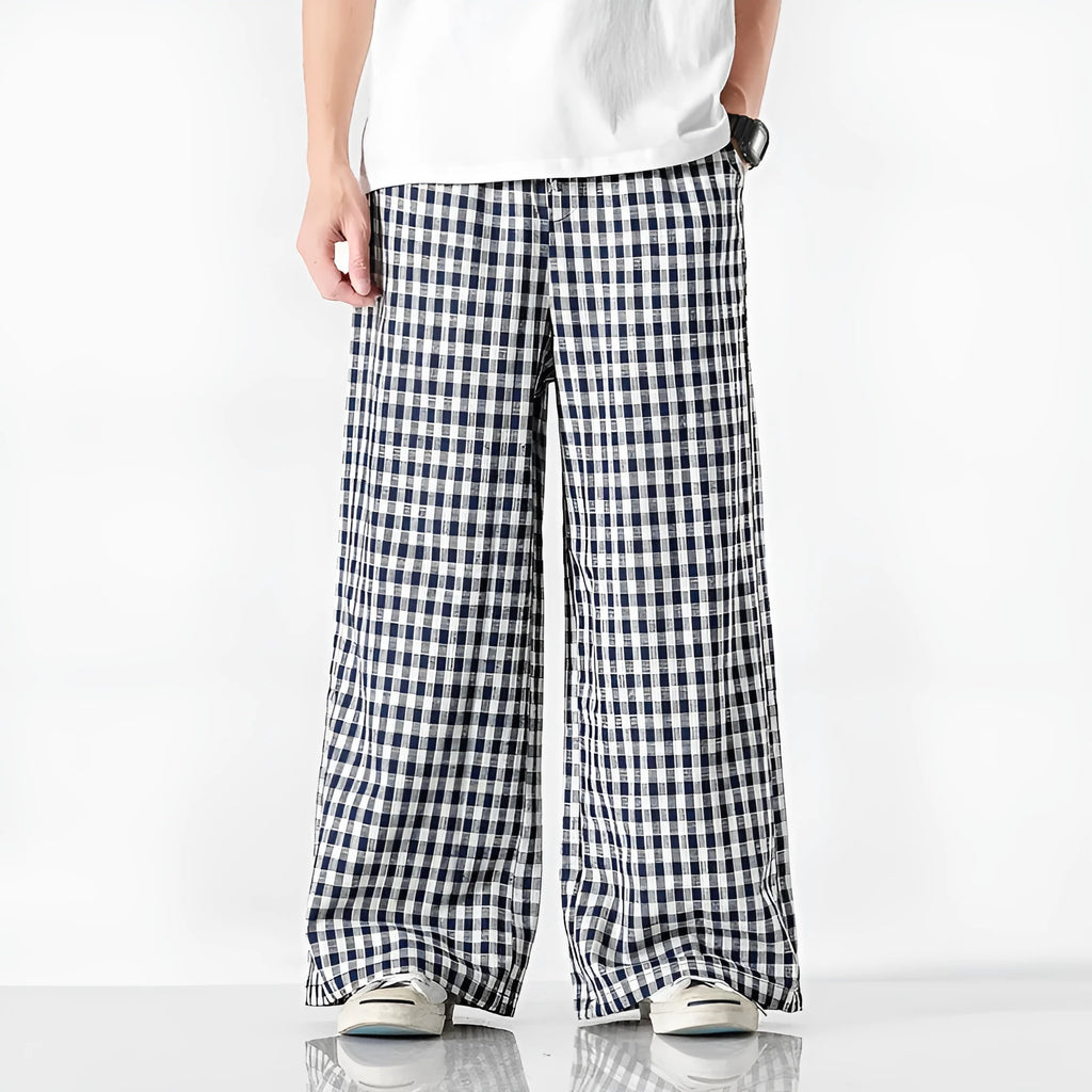 Plus size Chinese style cotton linen plaid baggy trousers in grey grid colour with elasticated waist and drawstring