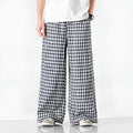 Plus size Chinese style cotton linen plaid baggy trousers in grey grid colour with elasticated waist and drawstring