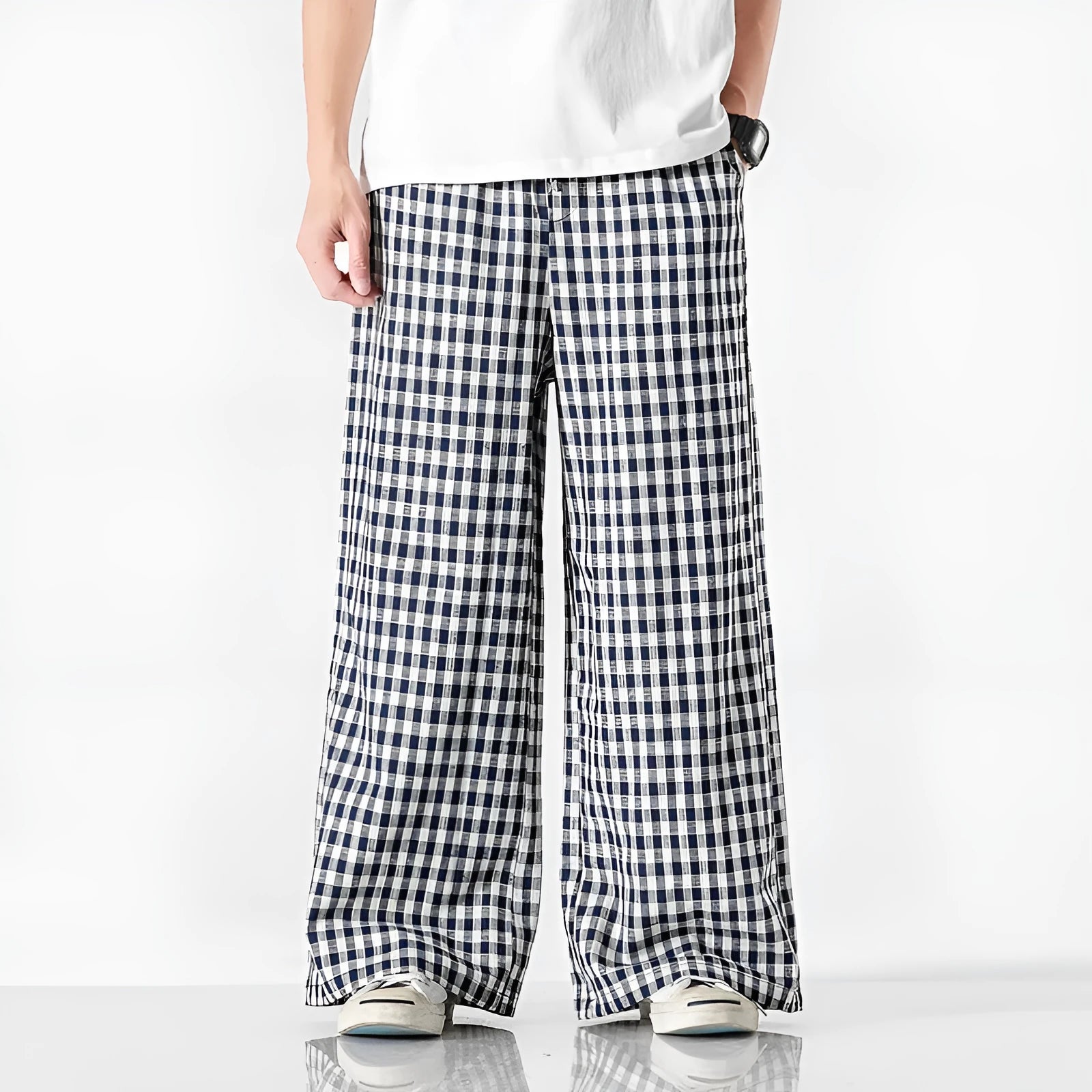 Plus size Chinese style cotton linen plaid baggy trousers in grey grid colour with elasticated waist and drawstring