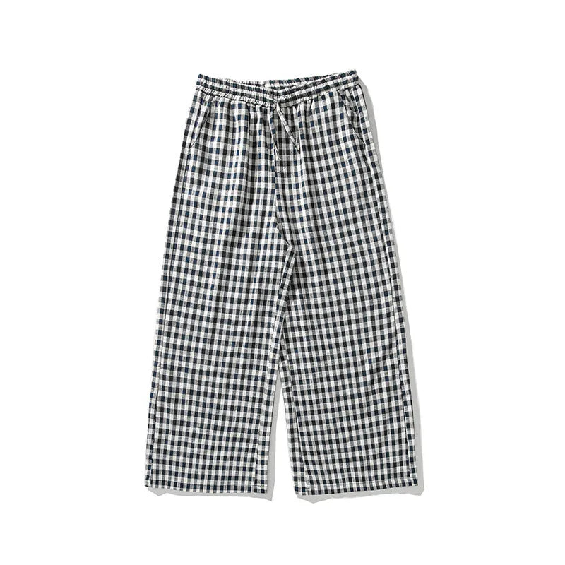 Plus size Chinese style cotton linen plaid baggy trousers in grey grid colour with elasticated waist and drawstring