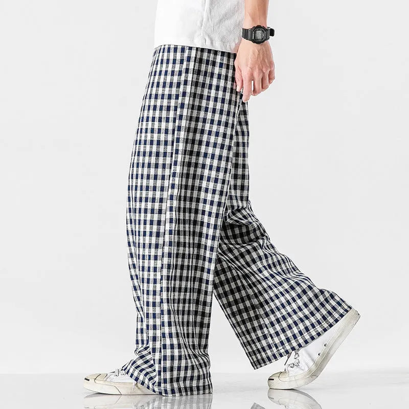 Plus size Chinese style cotton linen plaid baggy trousers in grey grid colour with elasticated waist and drawstring