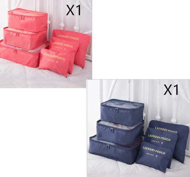 6 piece polyester travel storage bag set in hand bag type shape for clothes and cosmetic organisation, various colour options