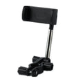 Black mobile phone bracket mounted on car rearview mirror holding smartphone