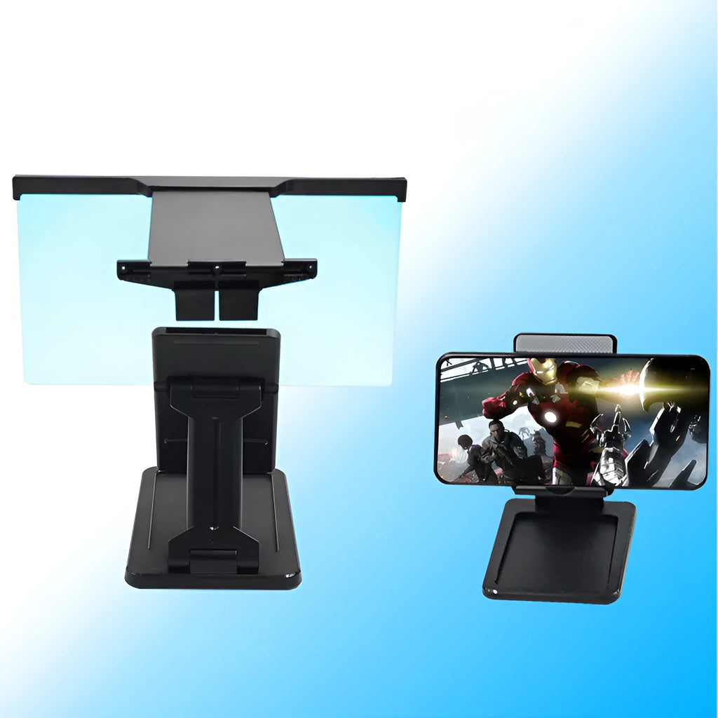 Black 12-inch split-screen mobile phone magnifier with acrylic lens and ABS plastic bracket on a table