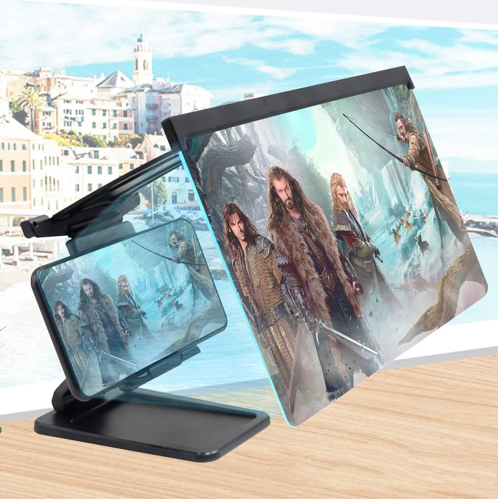 Black 12-inch split-screen mobile phone magnifier with acrylic lens and ABS plastic bracket on a table