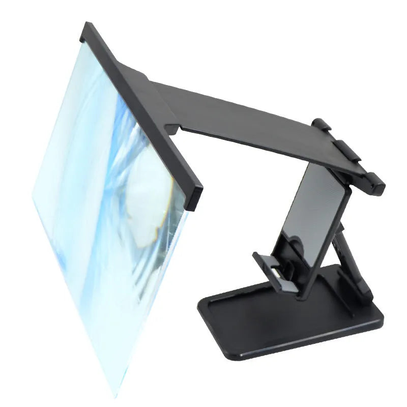 Black 12-inch split-screen mobile phone magnifier with acrylic lens and ABS plastic bracket on a table