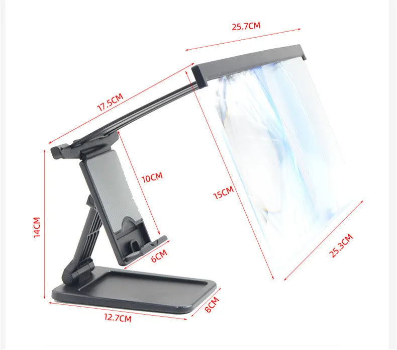 Black 12-inch split-screen mobile phone magnifier with acrylic lens and ABS plastic bracket on a table