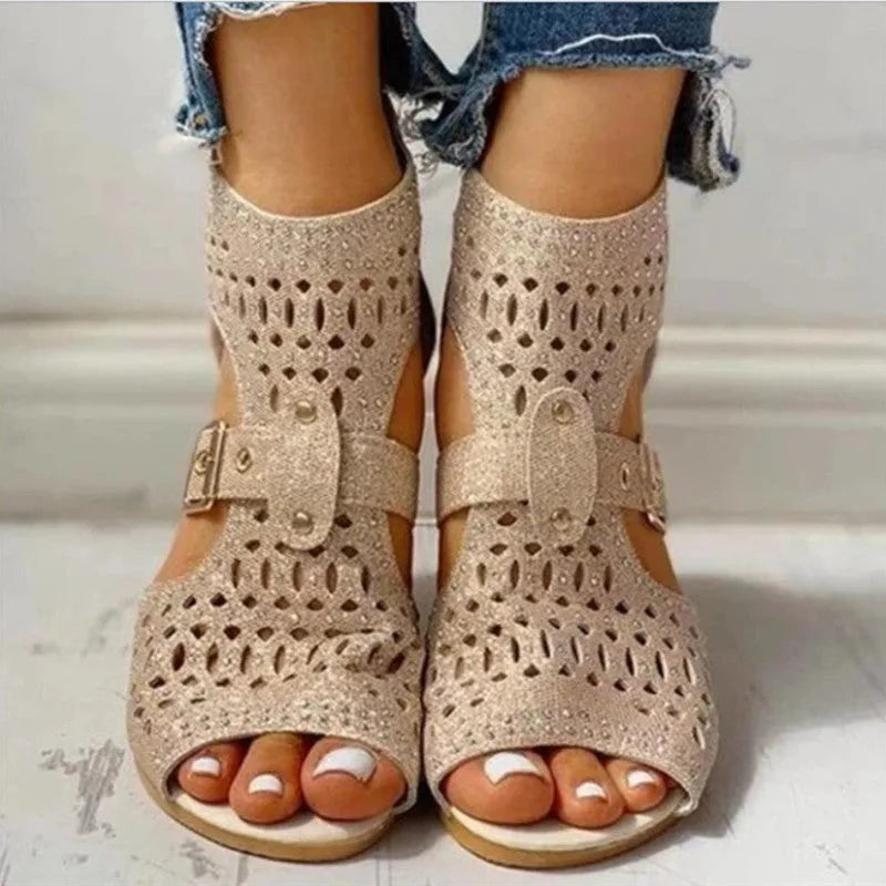 Women's beige PU patent leather sandals with fish mouth toe and back zipper wedge heel.