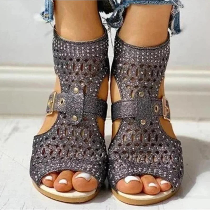 Women's beige PU patent leather sandals with fish mouth toe and back zipper wedge heel.