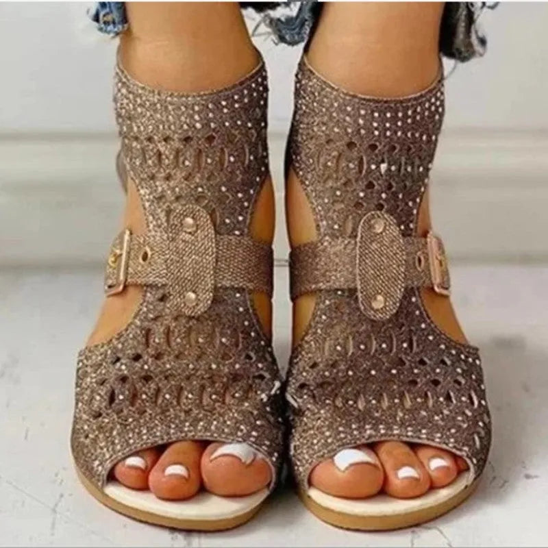 Women's beige PU patent leather sandals with fish mouth toe and back zipper wedge heel.