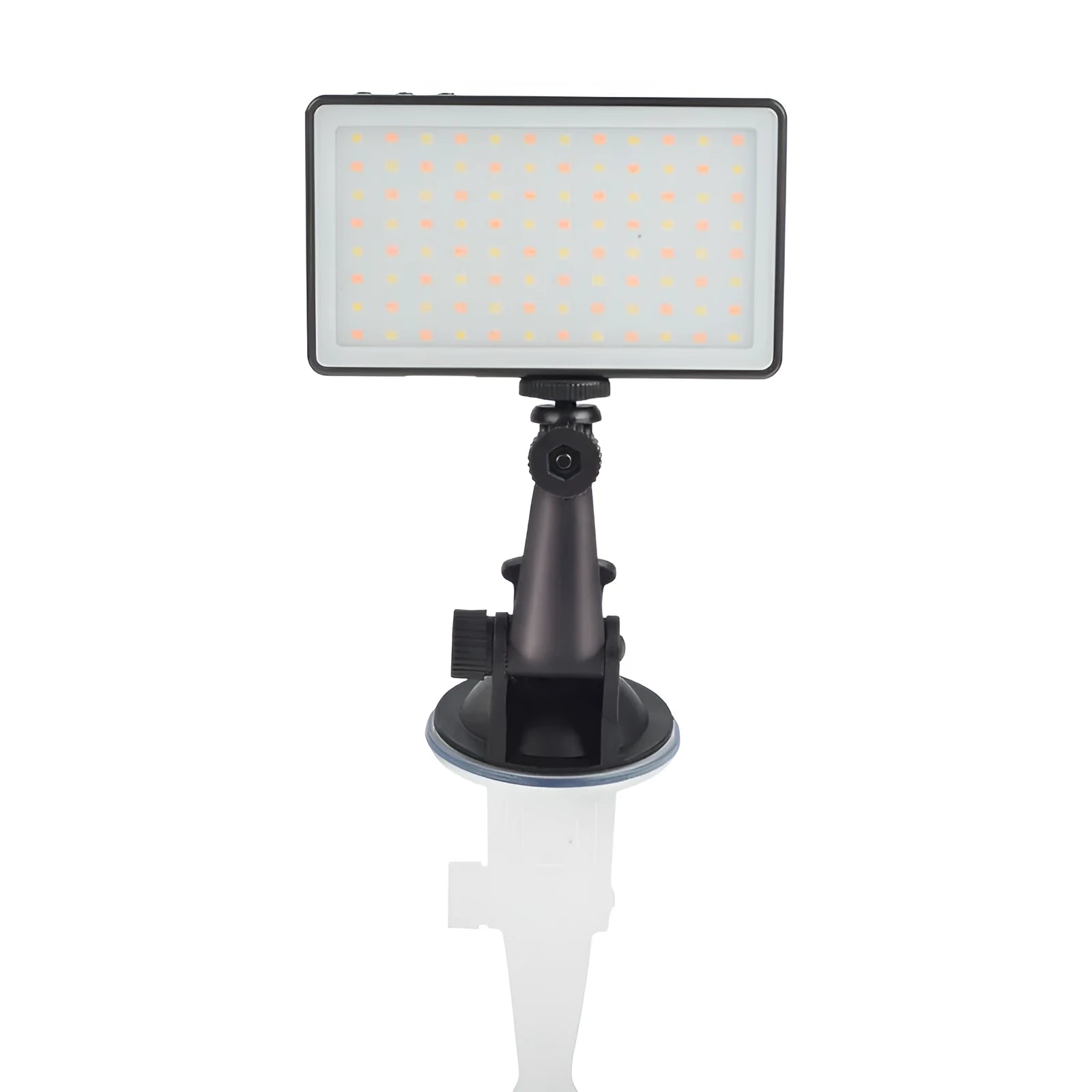 Black aluminium LED conference light with 96 LEDs, measuring 116mm wide, beside a laptop