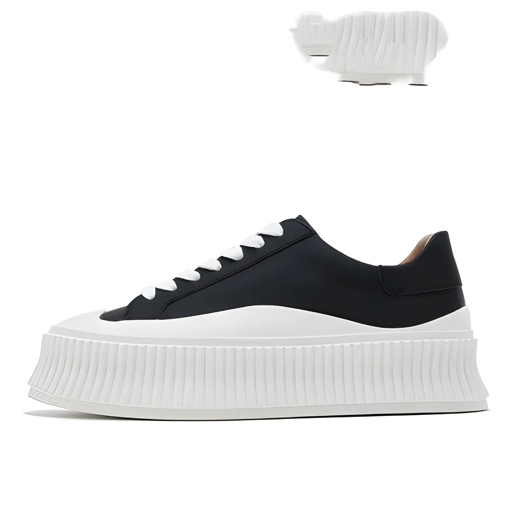 Women's thick bottom platform sneakers with suede leather, cross binding lacing, and muffin heel design in white colour