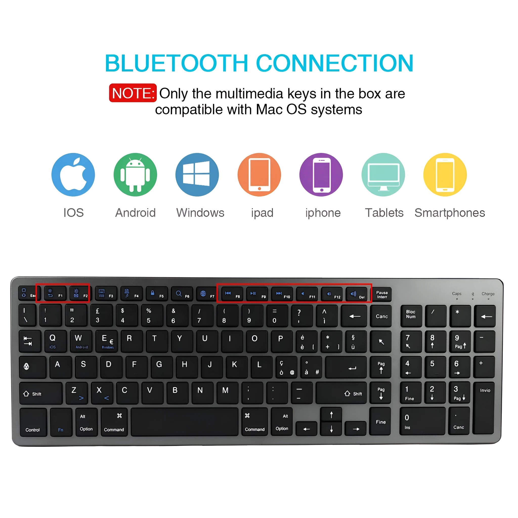 White ultra-thin Bluetooth keyboard for tablets and mobile phones showing 104-key layout
