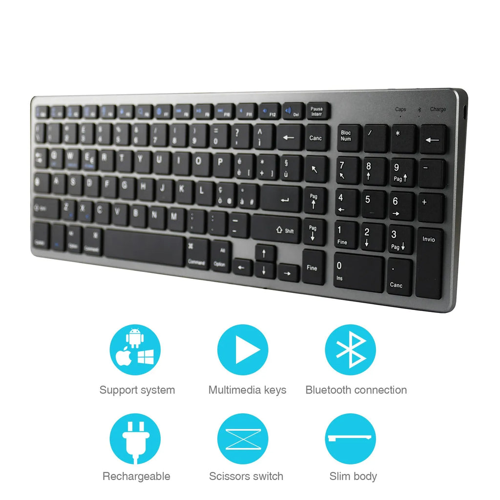 White ultra-thin Bluetooth keyboard for tablets and mobile phones showing 104-key layout