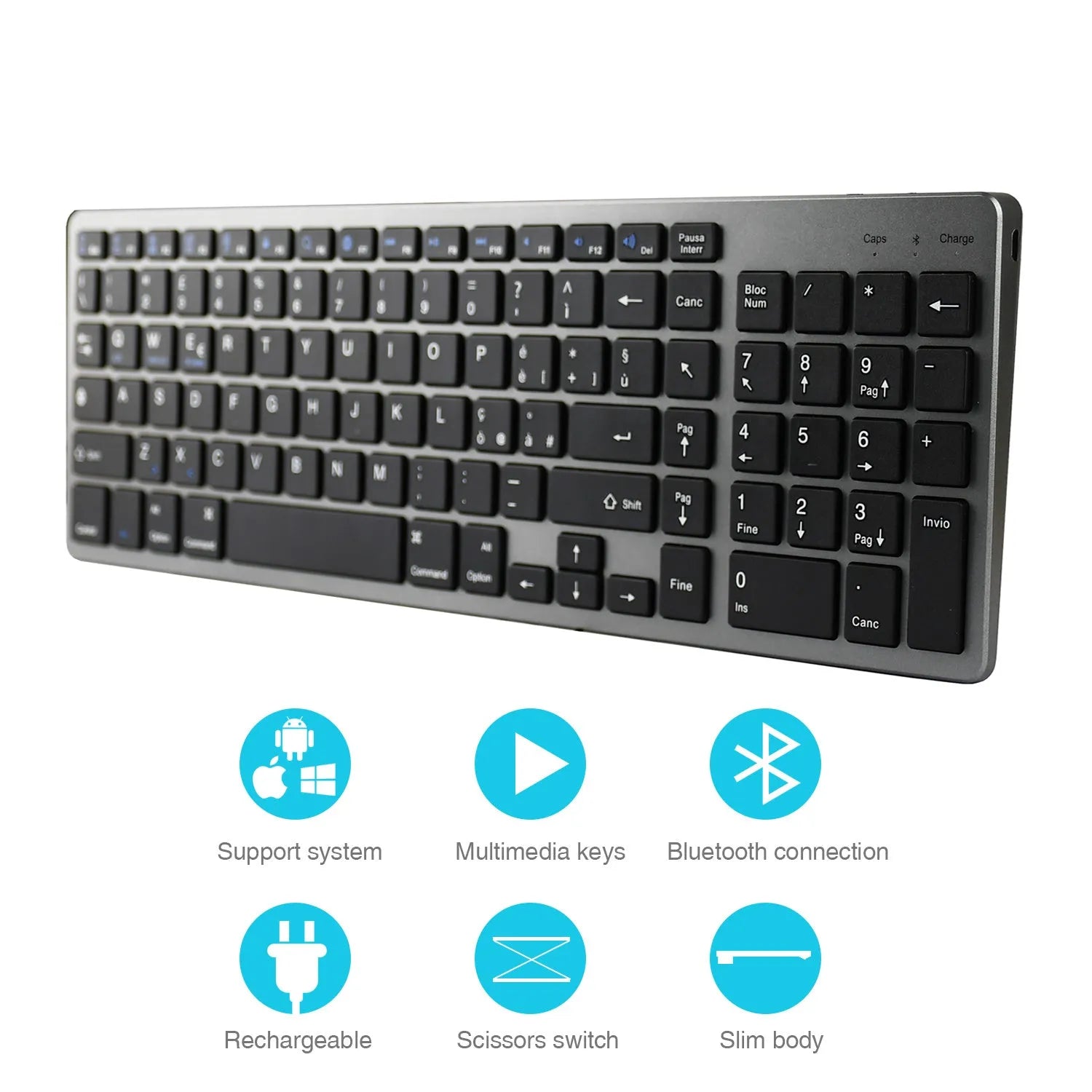 White ultra-thin Bluetooth keyboard for tablets and mobile phones showing 104-key layout