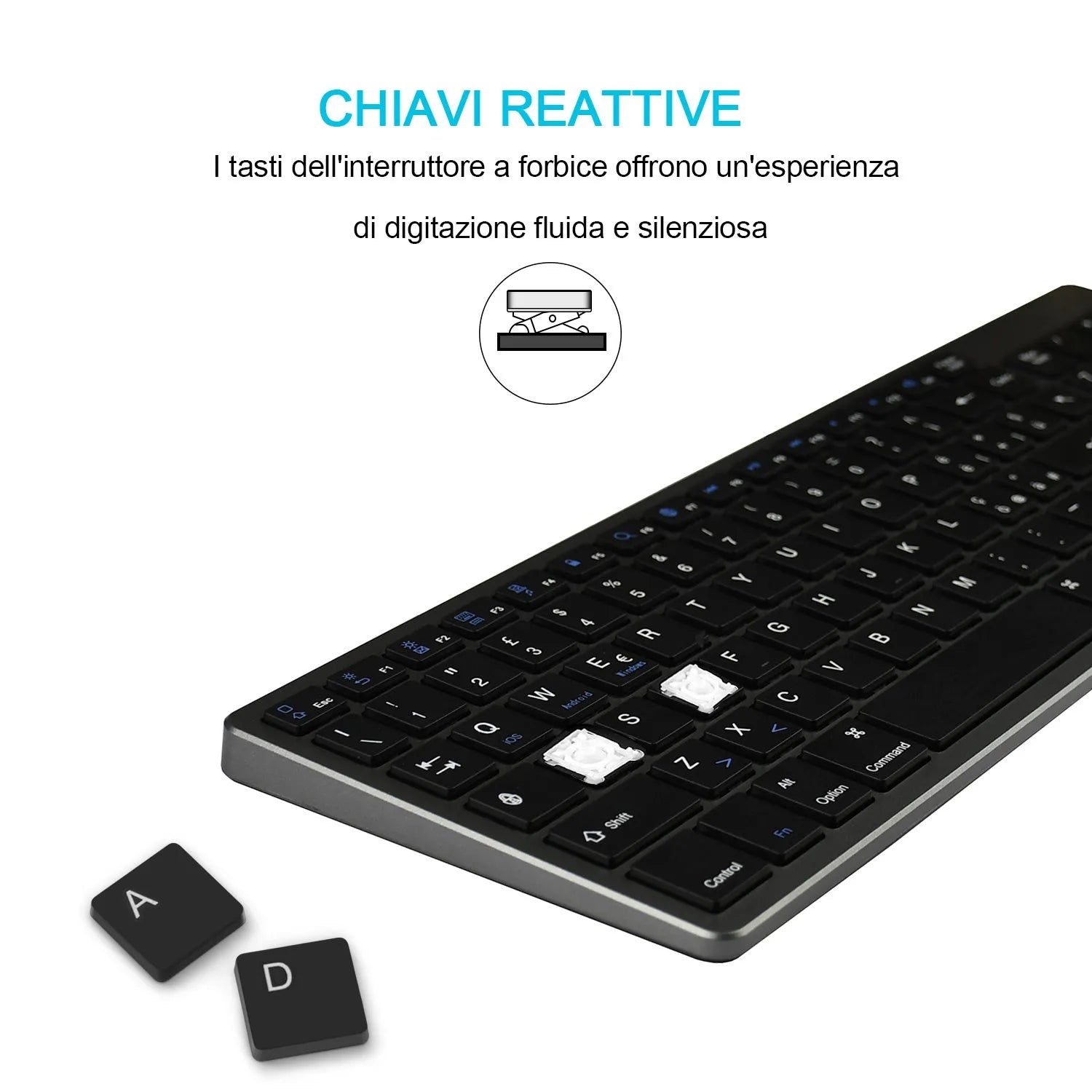 White ultra-thin Bluetooth keyboard for tablets and mobile phones showing 104-key layout