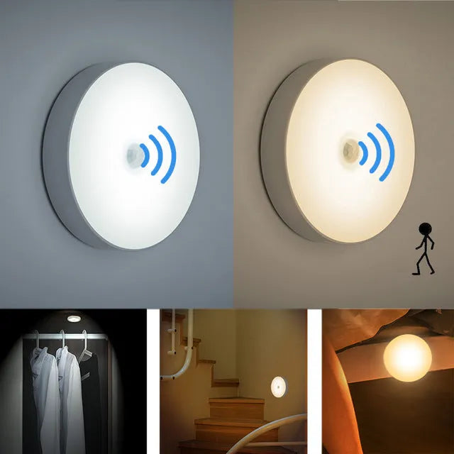 Small round white LED motion sensor night light with USB charging cable and adhesive tape
