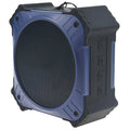 Waterproof portable Bluetooth speaker in black or blue with wrist strap, measuring 101x101x47mm