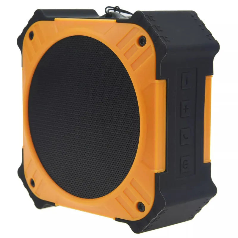 Waterproof portable Bluetooth speaker in black or blue with wrist strap, measuring 101x101x47mm