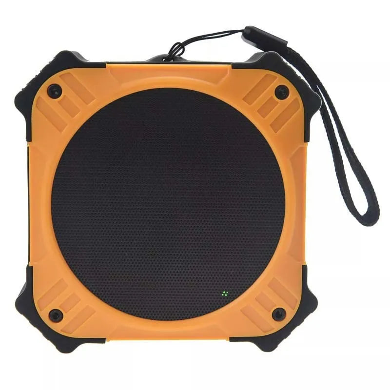 Waterproof portable Bluetooth speaker in black or blue with wrist strap, measuring 101x101x47mm