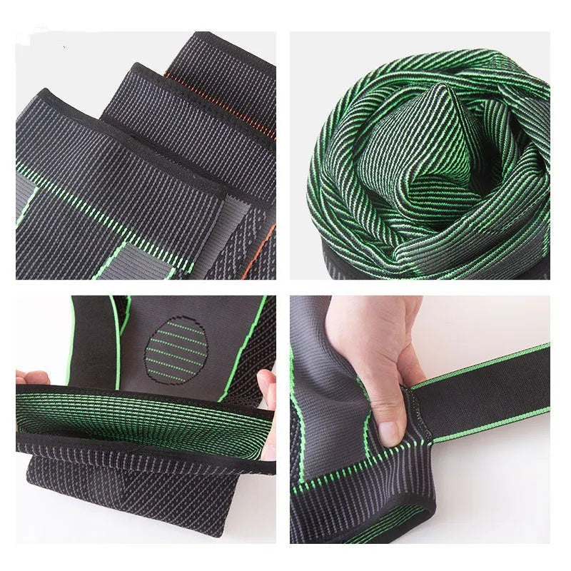 Long straps knee pads in green, polyester fibre, non-slip leggings style for sports protection