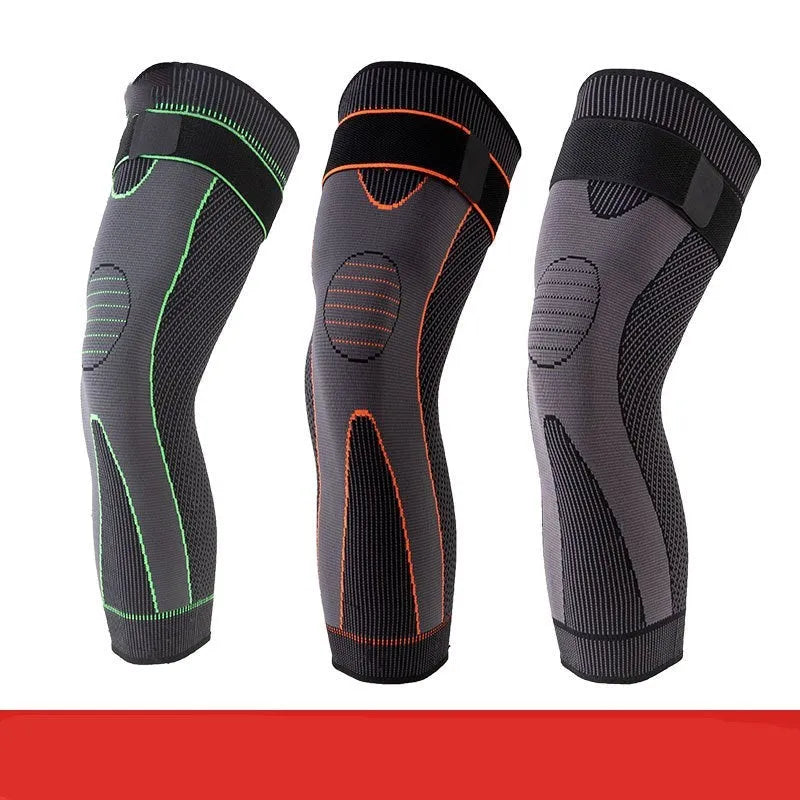 Long straps knee pads in green, polyester fibre, non-slip leggings style for sports protection
