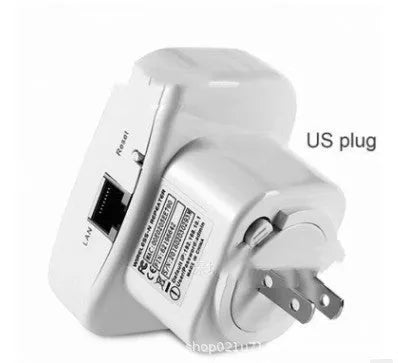 Black and white Wi-Fi repeater with multiple international plugs and a network cable.
