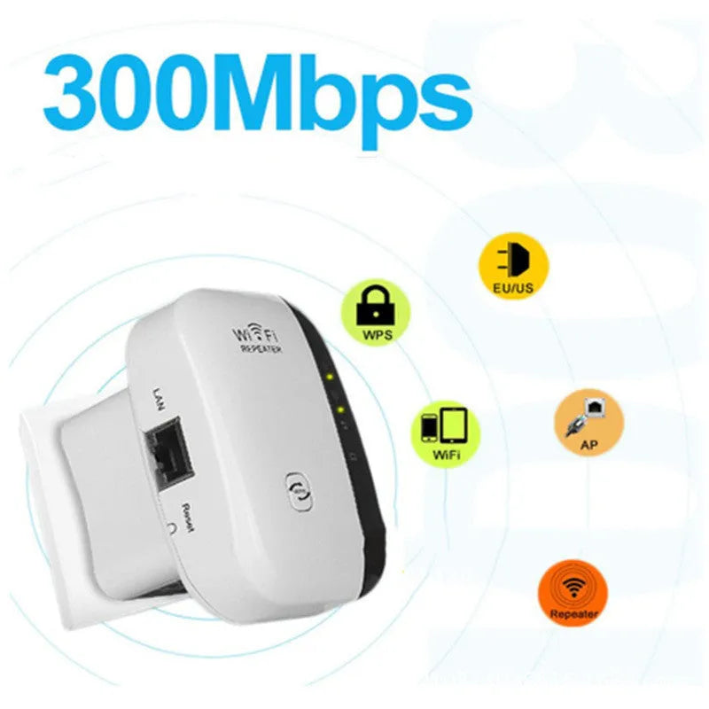 Black and white Wi-Fi repeater with multiple international plugs and a network cable.