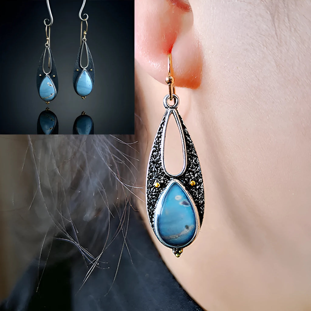 Vintage blue resin teardrop dangle earrings with ancient silver metal finish, 46mm handmade boho style