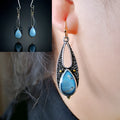 Vintage blue resin teardrop dangle earrings with ancient silver metal finish, 46mm handmade boho style