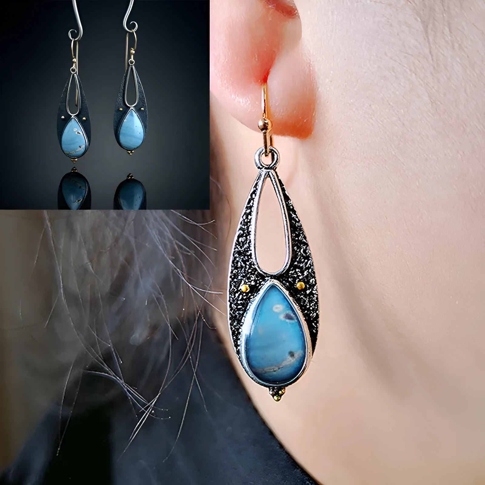 Vintage blue resin teardrop dangle earrings with ancient silver metal finish, 46mm handmade boho style