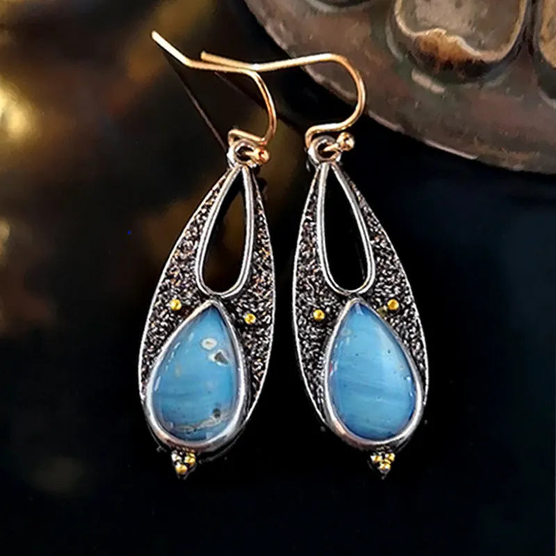 Vintage blue resin teardrop dangle earrings with ancient silver metal finish, 46mm handmade boho style