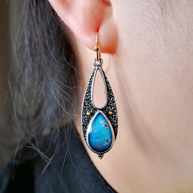 Vintage blue resin teardrop dangle earrings with ancient silver metal finish, 46mm handmade boho style