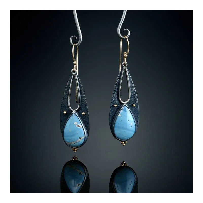 Vintage blue resin teardrop dangle earrings with ancient silver metal finish, 46mm handmade boho style