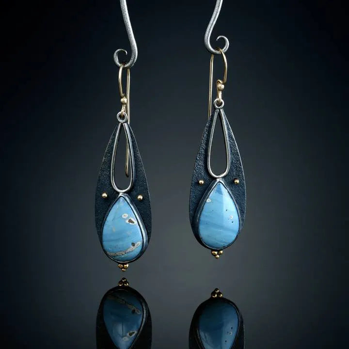 Vintage blue resin teardrop dangle earrings with ancient silver metal finish, 46mm handmade boho style